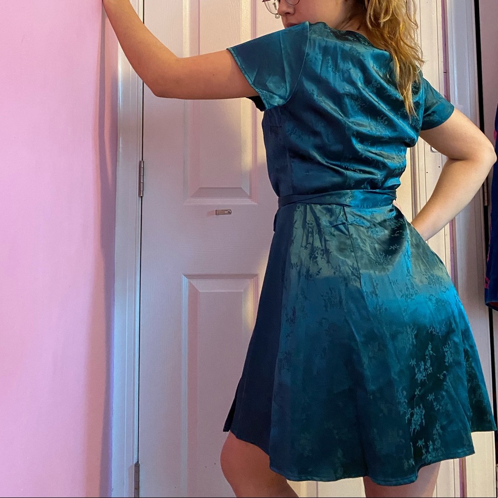 Emerald green floral satin dress